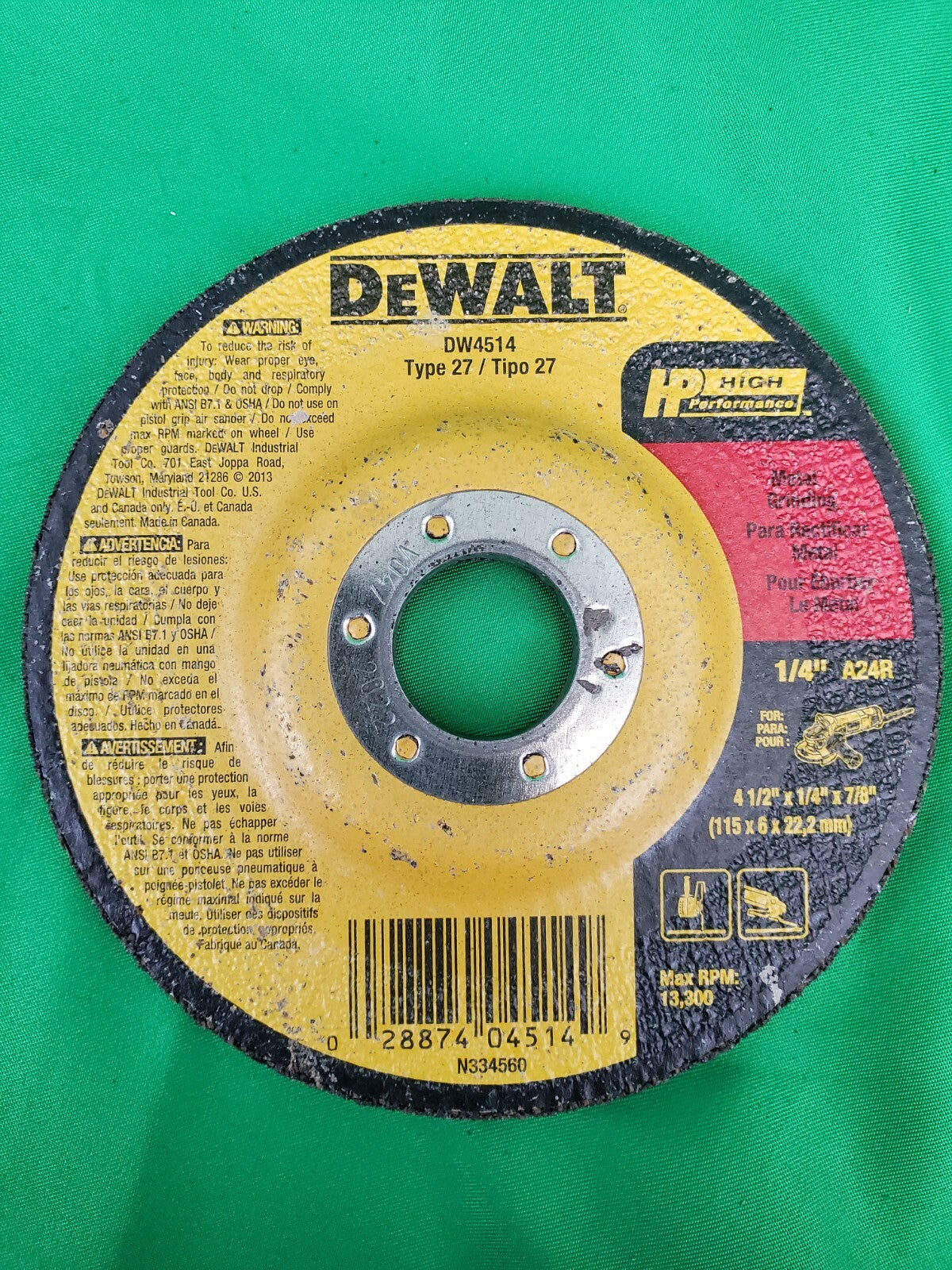 DeWALT DW 4514 4 1/2" X 1/4" X 7/8" Grinding Wheel 5 Pack No Box