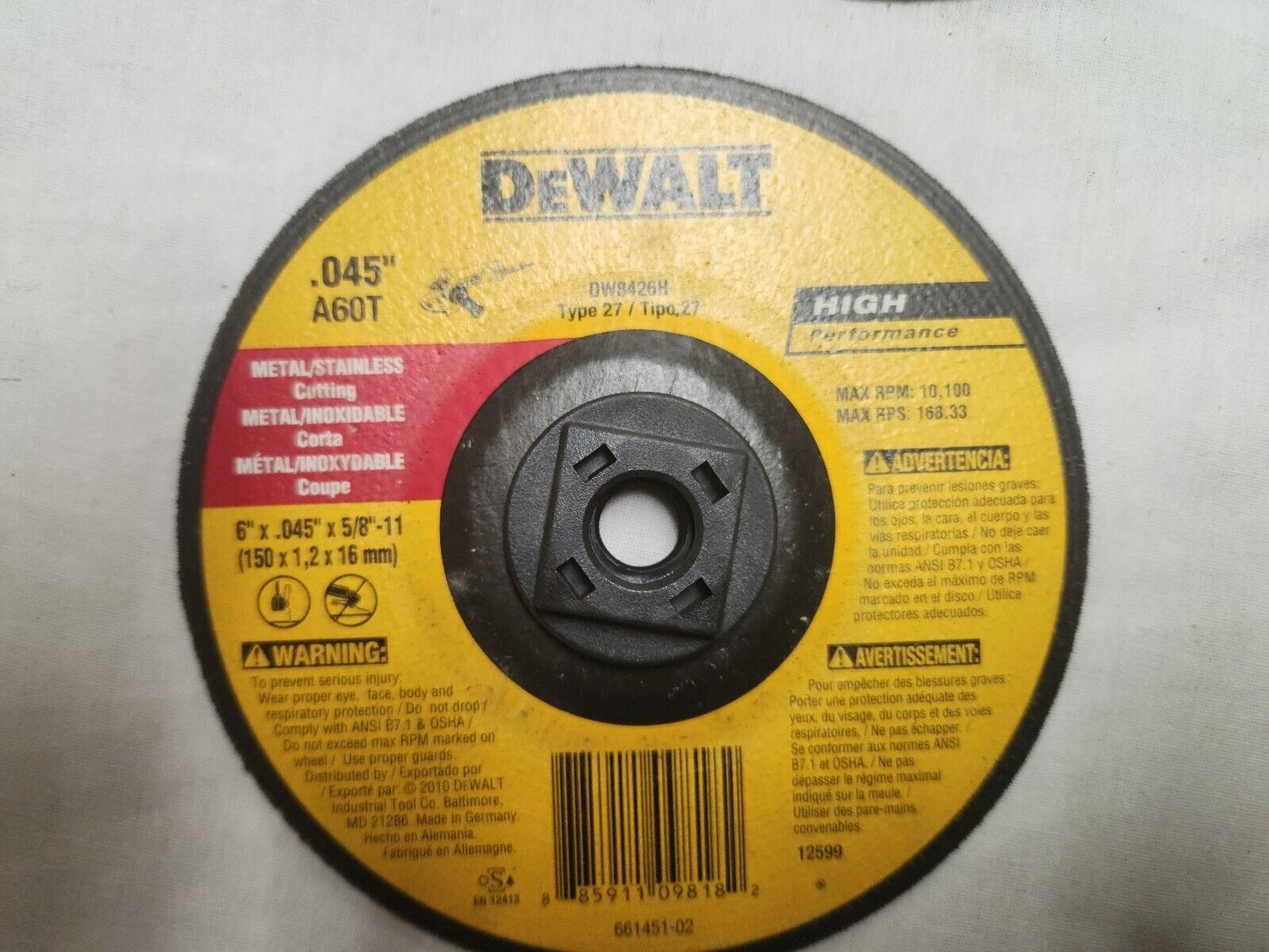 Dewalt DW 8426 H 6" X .045" X 5/8-11" Thin Cut-Off Wheel 10 Pack