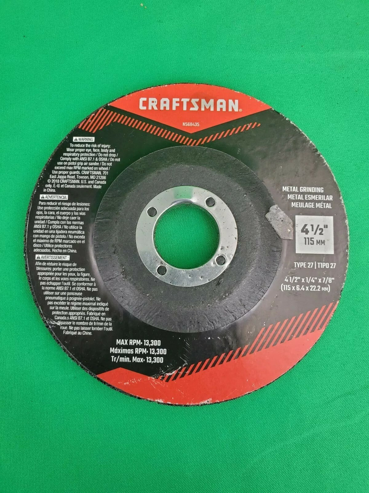 Craftsman 4 1/2" X 1/4" X 7/8" Grinding Wheel 5 Pack No Box