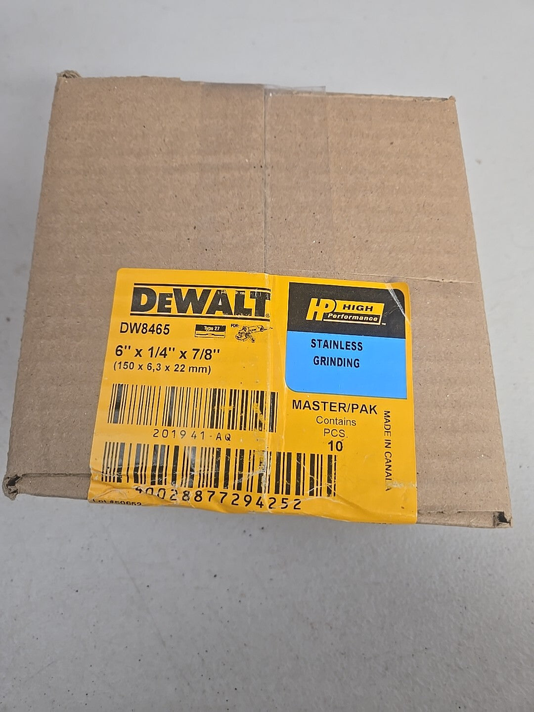 DeWalt DW 8465 6" x 1/4" x 7/8" Grinding Wheels, 10 pack New In Box