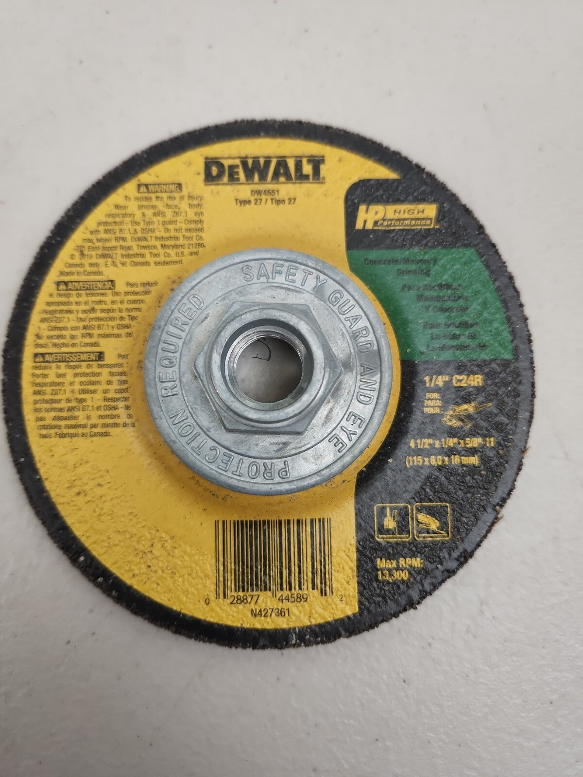 Dewalt DW4551 4 1/2" X 1/4" X 5/8-11" Concrete & Msnry Grinding Wheel 10 Pack
