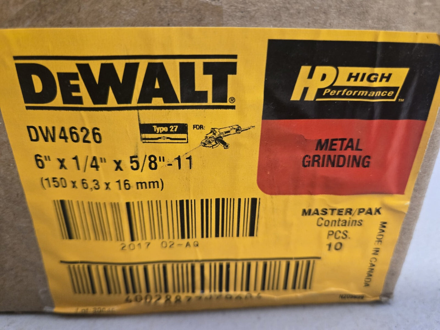 DEWALT DW 4626 6"x1/4"x7/8" Grinding Wheel 10 Pack "NEW"