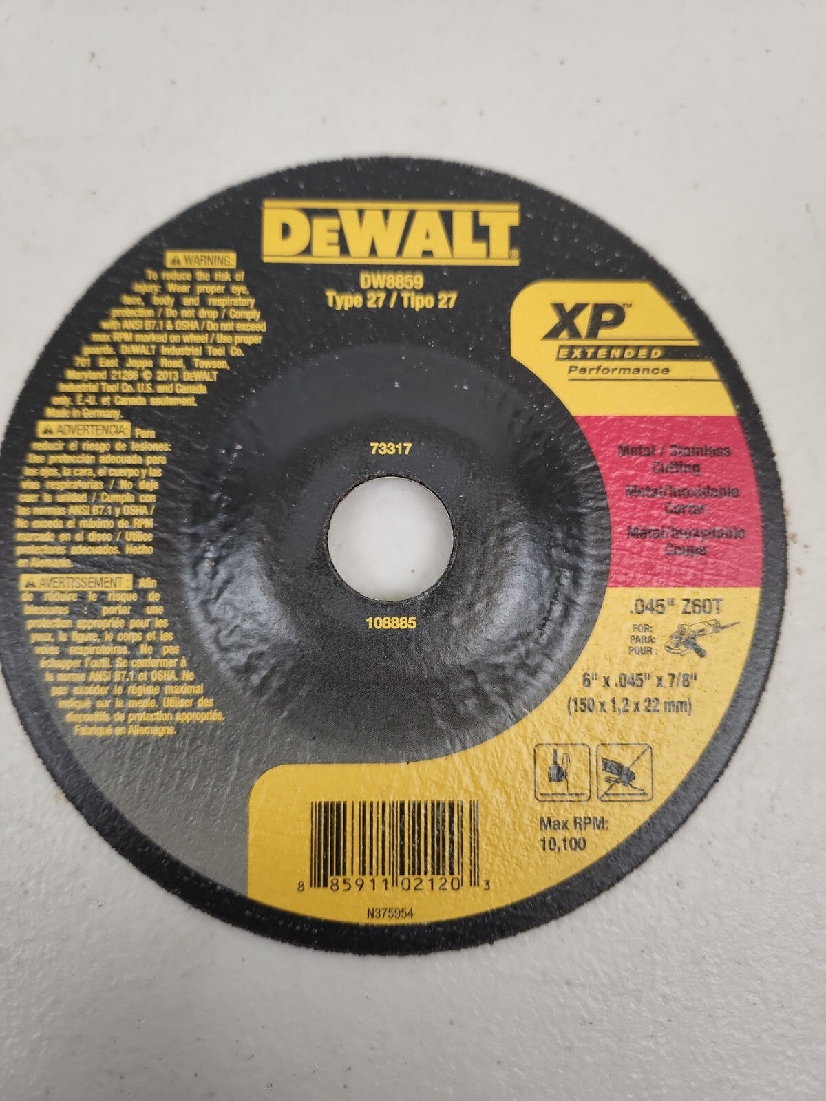 Dewalt DW8859 Metal / Stainless Cutting Wheel 6" x .045" x 7/8" 100 Pack