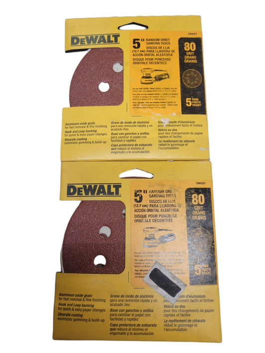 TWO! 2X DW4301 5-Pk., 5-In. 8-Hole 80-Grit Hook-and-Loop Orbit Sandpaper