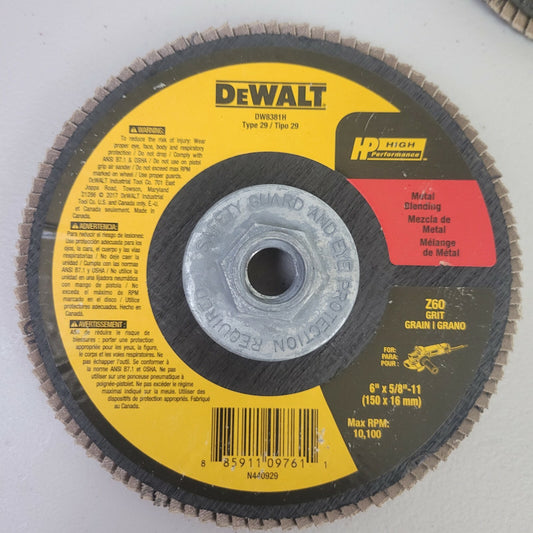 DEWALT DW 8381 H 6" x 5/8 - 11" Z60 Grit Type 29 Hp Flap Disc 5 Pack